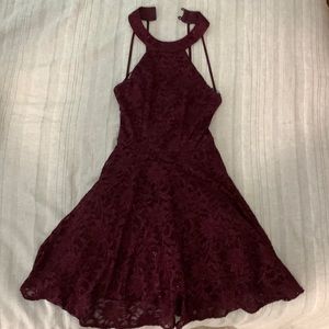 Semi formal dress, burgundy lace with sparkles, size 1